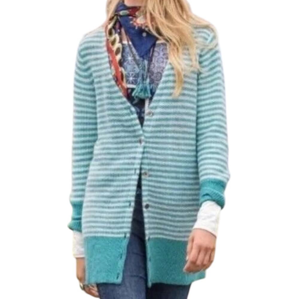 Sundance Cardigan Mohair Lambswool Wool Longline V-Neck Striped Baby Blue Small